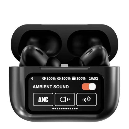 Black A9 Pro ANC AirPods with Screen | Bluetooth 5.4 Advanced noise cancellation, smart screen, and long battery life