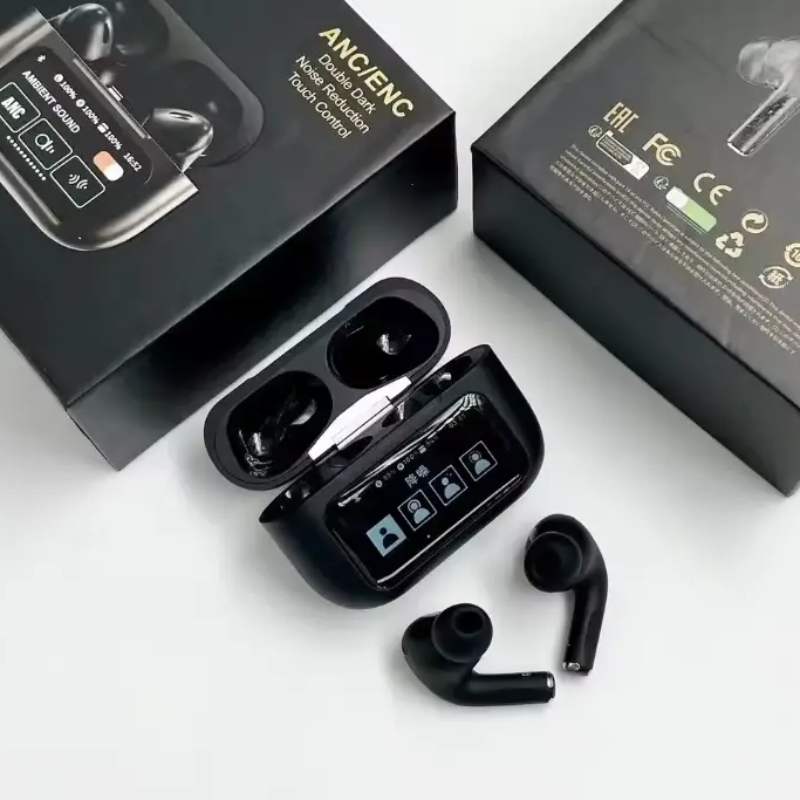 Black A9 Pro ANC AirPods with Screen | Bluetooth 5.4 Advanced noise cancellation, smart screen, and long battery life