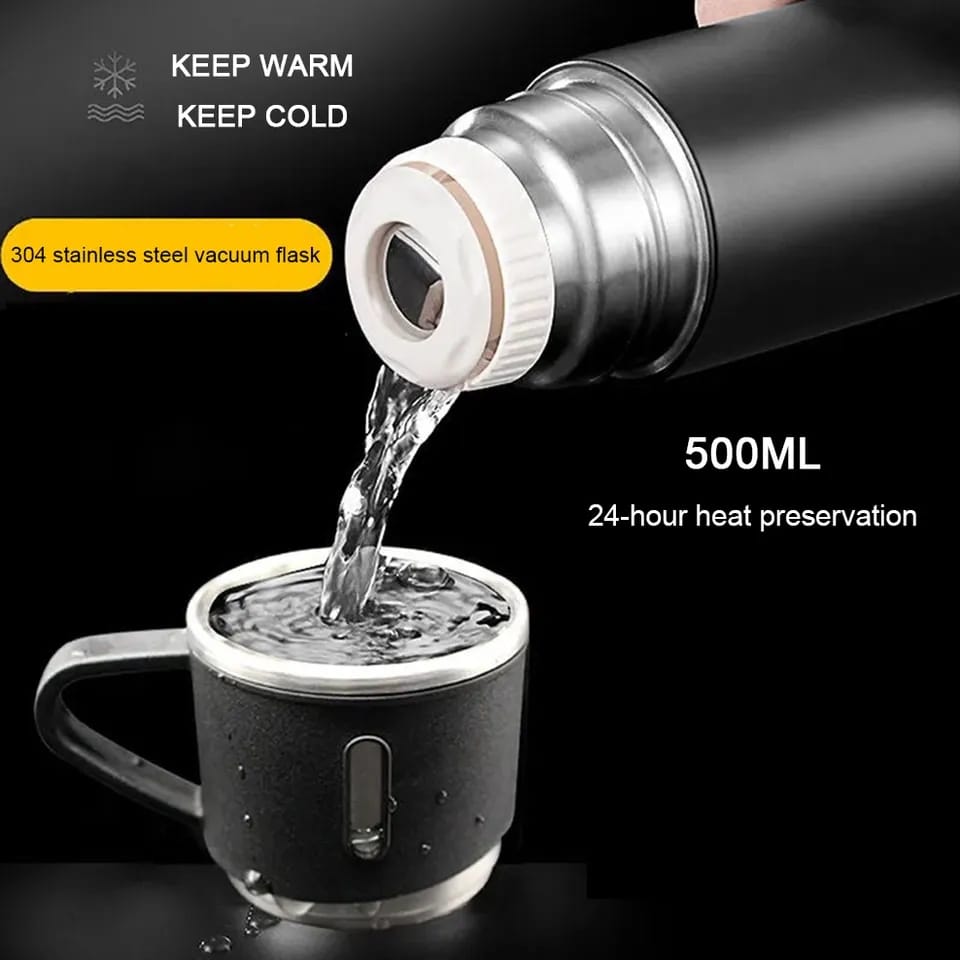 Stainless Steel Vacuum Flask Set, 500ml With 2cups (Random Color)