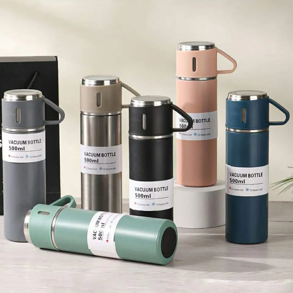 Stainless Steel Vacuum Flask Set, 500ml With 2cups (Random Color)